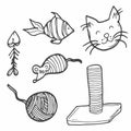 Doodle cat accesories for cats. Birthday of a pet, fish, cupcakes, muzzles, garlands with flags, postcard, balls, bows, tangle,