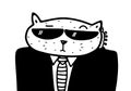 Doodle cat bodyguard character concept. Super spy illustration. Simple black and white design. Cute logo or icon. Agent in form