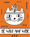 Doodle cat boho feathers headband. Modern postcard, flyer design template. Tribal, woodland greeting card