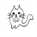 Doodle cat is a hand-drawn vector. Funny mustachioed cartoon kitten.
