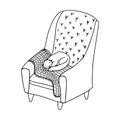 Doodle cat laying on cozy chair with blanket. Outline sleepy kitty and armchair. Vector illustration for cards, print, pattern, t