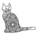 Doodle cat mandala in black and white for page adult coloring books, monocrome animal vector pattern. Antistress design. Royalty Free Stock Photo