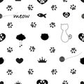 Doodle cat paw prints. Cat silhouette, fish, crown, hearts, meow text... etc symbols seamless fabric design pattern vector Royalty Free Stock Photo