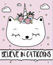 Doodle cat with unicorn horn. Caticorn. Modern postcard, print design template. Inspirational greeting card