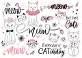 Doodle Cats illustration and kitten quotes, meow lettering. Cute vector set with funny hipster pets, fashion kitty