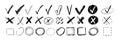 Doodle chalk pencil check marks, charcoal checklist icons and crayon tick signs