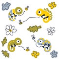 Doodle chameleons catch fly set. Perfect for T-shirt, stickers, textile and print. Cartoon style vector illustration