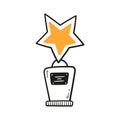 Doodle champion trophy cup on star shape. Hand drawn award decorative icon. Sport prize trophy of winner. Vector