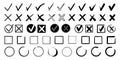 Doodle check marks. Hand drawn symbols for checking and voting, task list checkbox with cross and tick signs vector icons set Royalty Free Stock Photo