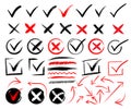 Doodle check marks and underlines. Hand drawn red strokes and pen markings V marks for list items. Check and wrong icons set of