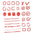 Doodle check marks and underlines. Hand drawn red strokes and pen markings V marks for list items vector