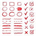 Doodle check marks and underlines. Hand drawn red strokes and pen V marks for list items. Vector marker check signs and Royalty Free Stock Photo