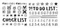 Doodle checklist, hand drawn check marks, asterisks and numbers. To do list, checkmarks outline different scribble