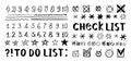 Doodle checklist, hand drawn check marks, asterisks and numbers. To do list, checkmarks outline different scribble