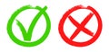 Doodle checkmarks. Grunge brush stroke tick and cross signs. Green v mark, red x sign. Yes or no checklist marks in