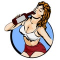 Doodle with a cheerful woman drinks wine from a bottle. Comics style. City on background. Text Friday. Beer glass. Vector image