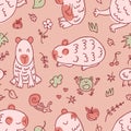 Doodle chibi capybaras seamless pattern in free hand drawn style. Perfect print for tee, paper, textile and fabric. Kawaii vector