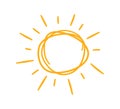 Doodle childish sun icon. Scribble yellow sun with rays symbol. Doodle children drawing. Hand drawn burst. Hot weather