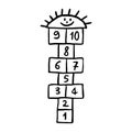 Doodle childlike game of hopscotch, sun smiling. Hand drawn line simple style. Outline drawing kids.