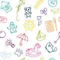 Doodle children drawing background. Seamless pattern for cute li Royalty Free Stock Photo