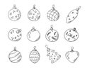 Doodle Christmas balls set,hand drawn decorations,New Year toys,festive elements.Use for holiday cards,coloring book, posters, Royalty Free Stock Photo