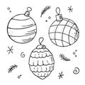 Doodle Christmas balls set,hand drawn decorations,New Year toys,festive elements.Use for holiday cards,coloring book, posters, Royalty Free Stock Photo