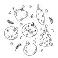 Doodle Christmas balls set,hand drawn decorations,New Year toys,festive elements.Use for holiday cards,coloring book, posters, Royalty Free Stock Photo