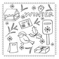 Big set of Christmas and winter elements in doodle style: bird, envelope, envelope,mailbox. Royalty Free Stock Photo