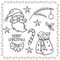 Big set of Christmas and winter elements in doodle style: santa, bag with gifts, caramel. Royalty Free Stock Photo