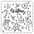 Big set of Christmas and winter elements in doodle style: santa sock, gingerbread, tree, caramel. Royalty Free Stock Photo