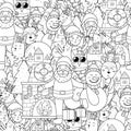 Doodle Christmas characters black and white seamless pattern