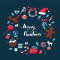 Doodle Christmas hand drawn elements. Vector christmas illustration with deer, christmas cake, lollipop, tree toy