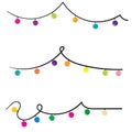 Doodle Christmas lights. Holiday festive xmas decoration. Colorful string fairy light set. Lightbulb glowing garland. Rainbow Royalty Free Stock Photo