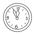 Doodle Christmas or New year clock shows five minutes to twelve. Cartoon element, vector sketch illustration, black