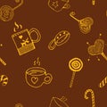 Doodle Christmas seamless pattern with cups, drinks, sweets, coffee, cacao, teea, hot chocolate, hearts, loly-pops, elk Royalty Free Stock Photo