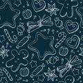 Doodle christmas seamless pattern on dark green background. Hand drawn gingerbread man, cinnamon, candy, star, Lollipop