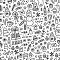 Doodle Christmas seamless pattern. Winter black line elements for greeting cards, posters, stickers and seasonal design Royalty Free Stock Photo