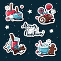 Doodle christmas stickers set. Merry christmas lettering. Hand drawn images of caramel apple, mulled wine, christmas log