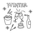 Vector illustration. Big set of Christmas and winter elements in doodle style: glasses, champagne, ice bucket. 3 Royalty Free Stock Photo