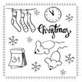 Vector illustration. Big set of Christmas and winter elements in doodle style: tear-off calendar, mice, santa socks. Royalty Free Stock Photo