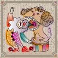 Doodle circus clown with a lion Royalty Free Stock Photo