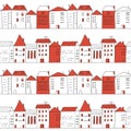 Doodle city seamless pattern in white and red colors.