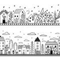 Doodle city street, hand drawn seamless pattern. Line town house, sketch home buildings, cute village, trees and clouds Royalty Free Stock Photo