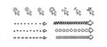 Doodle click icon and arrows set. Hand drawn mouse cursor. Sketch vector illustration. Collection of doodle dot, dash, circle
