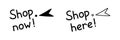 Doodle click shop now here button. Mouse cursor for website or computer application, hand drawn vector arrow pointer