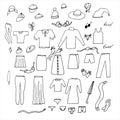 Doodle clothes set. Fashion, clothing store. Trousers, dress, tights, underwear, hats, accessories. Men's and