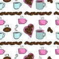 Doodle coffee seamless pattern, coffee beans and cups with hot drink on white background Royalty Free Stock Photo