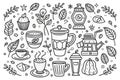 Doodle coffee and tea collection, cozy autumnal scene Royalty Free Stock Photo