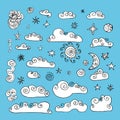 Doodle Collection of Hand Drawn Vector Clouds. Set of cartoon cute simple clouds outlines shapes. White with a black outline on a Royalty Free Stock Photo