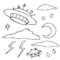 Doodle set on the theme of UFOs, flying saucers, clouds, sky. Hand drawing. Vector illustration Royalty Free Stock Photo